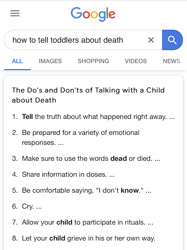 Google Search: How to tell toddlers about death